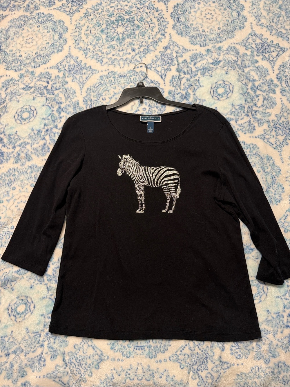 Karen Scott Black 3/4 Sleeve Tee with Silver Zebra Motif